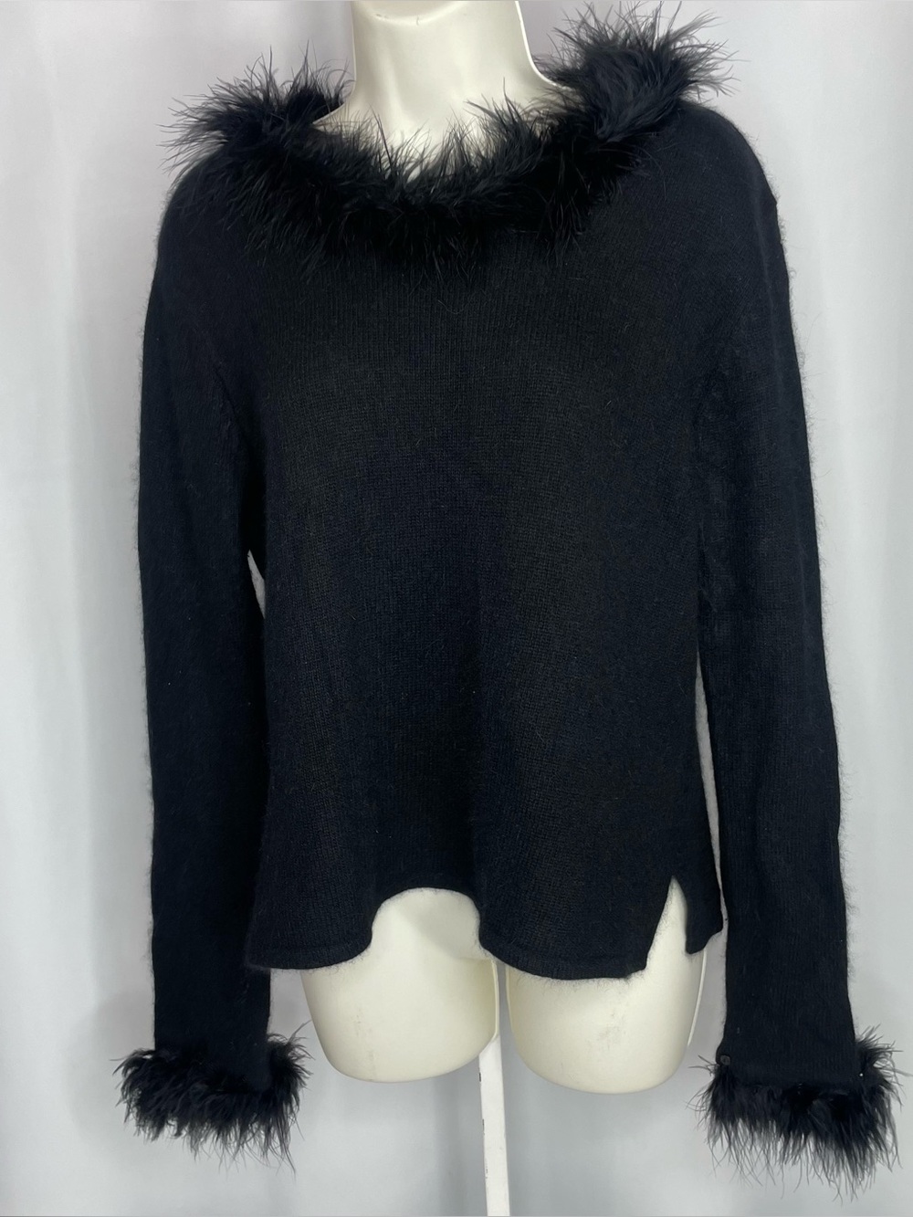 Vintage Pierre Cardin Black Rabbit Hair Wool Feather Trim Sweater XL